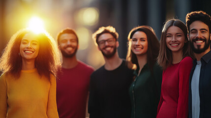 Obraz premium A vibrant group of business professionals smiles and poses against a glowing sunset backdrop, embodying teamwork and innovative ideas in brand building and customer engagement