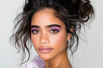 Naklejka premium Soft Pink Mascara and Chic Eyeliner Enhance a Fresh-Faced Look With Elegant Makeup Styling for a Sophisticated Appearance