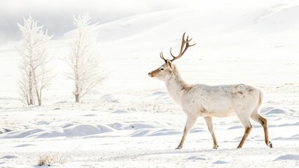 Majestic reindeer walking through snowy winter landscape
