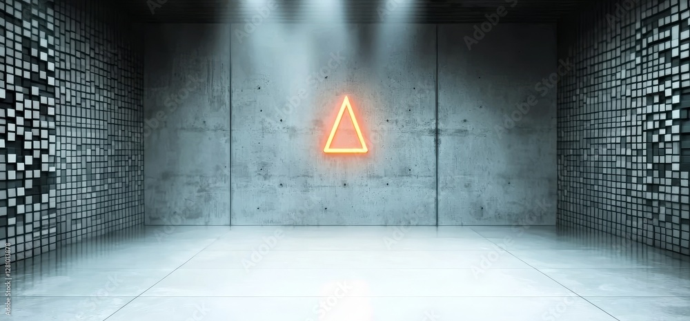 Poster a futuristic garage with a triangular corridor and vibrant orange neon glow is depicted in a 3d rend