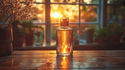 Beautiful Glass Bottle Reflecting Warm Sunset Light Through a Window Generative AI