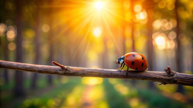 A ladybug's journey across a sunlit forest branch, a vibrant symbol of nature's gentle beauty and the tranquil serenity of a woodland awakening