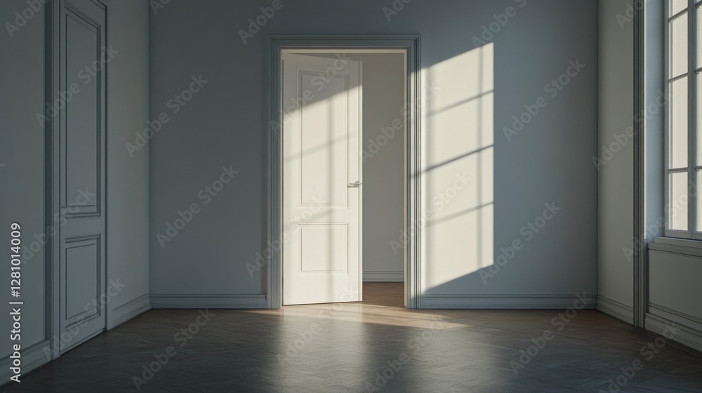 Poster light cascades through an open door, illuminating a minimalist white room. the warm glow creates a t