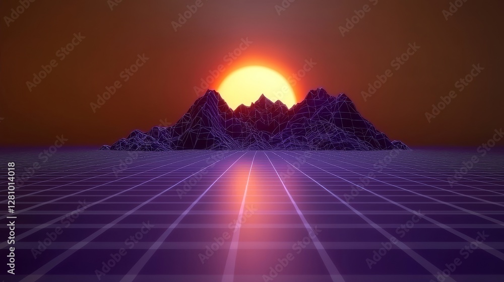 Aufkleber the 3d rendering showcases a retro futuristic background, with a virtual space that includes stars a
