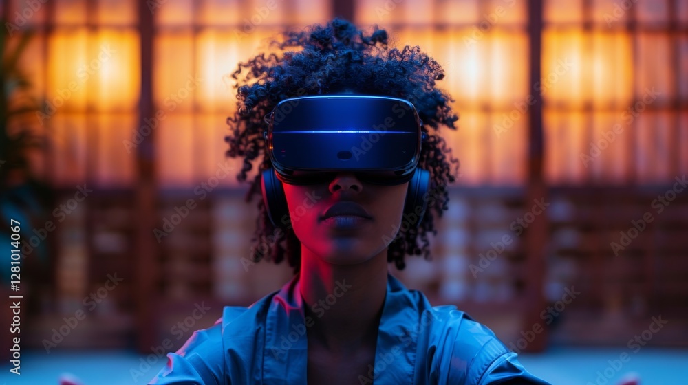 Poster An individual engages in digital therapy using virtual reality technology. The setting is calm and ambient, supporting mindfulness and mental health.