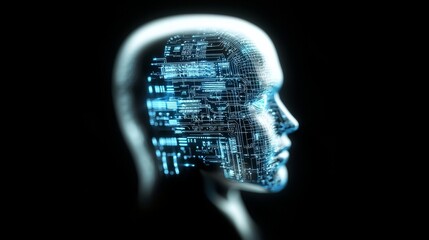 Obraz premium A red, humanoid robot from the future with a skull made of metal is displayed in a side-back view, positioned on a black background that includes free space for inserting text, created using advanced