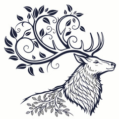 Elegant Stag with Foliage Antlers Vector Illustration | Nature Inspired Deer Design | Wildlife Art Print | Black and White Graphic