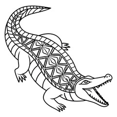 Detailed Crocodile Outline Illustration: Reptile Drawing with Geometric Pattern, Animal Art, Coloring Page, Vector Graphic