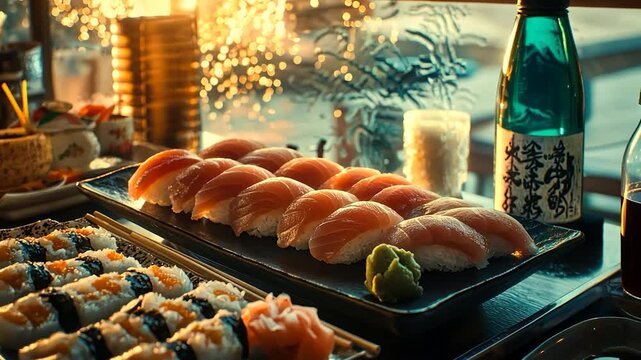 Delicious sushi platter with tuna nigiri, maki, and wasabi, alongside a bottle of sake.