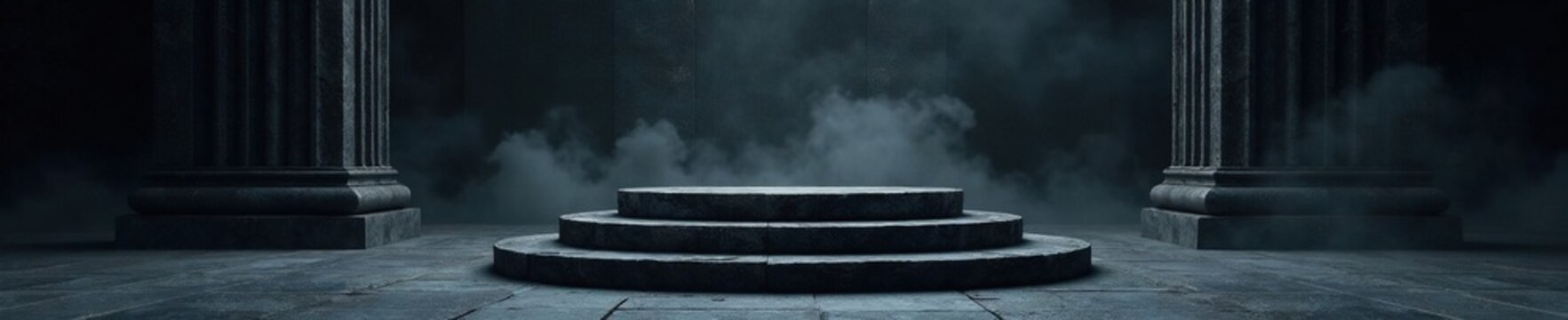 Dark stone pedestal supports ornate black throne, ancient, misty, velvet