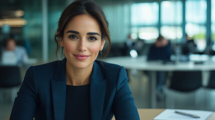 Obraz premium professional woman in business setting, wearing dark suit, smiling confidently at camera. background features modern office environment with people working