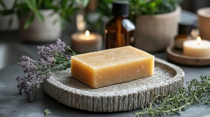 Natural Homemade Soap on a Textured Plate With Herbs and Candles for Relaxation Generative AI