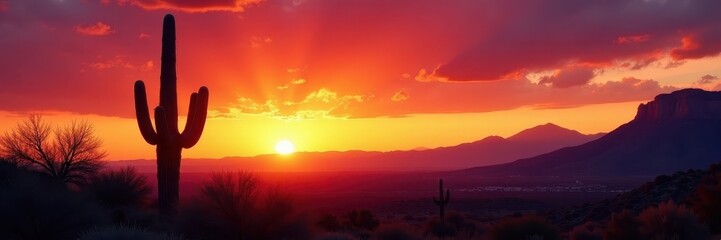 Majestic saguaro silhouetted against fiery Arizona sunset , background, red, stock photo