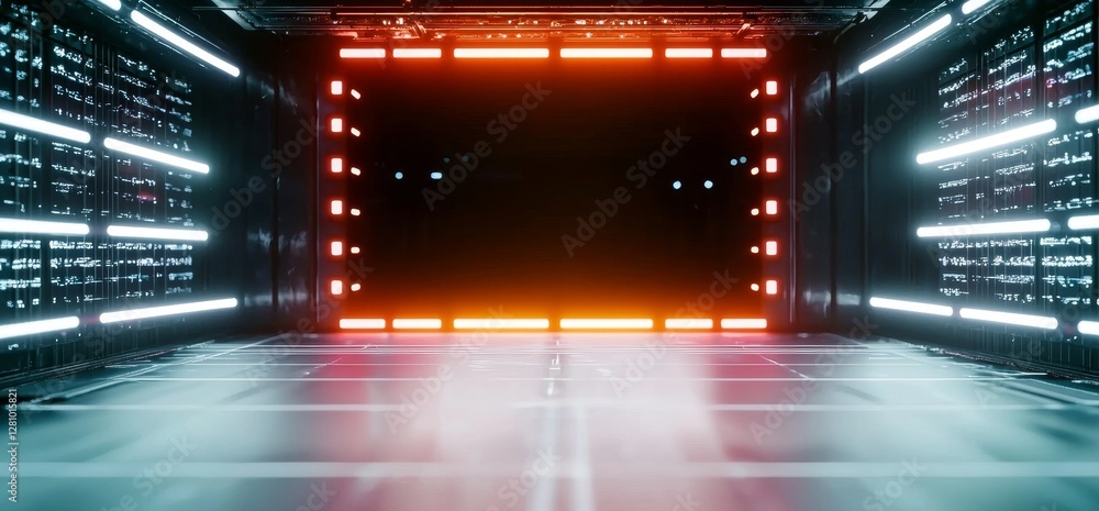Aufkleber a futuristic sci-fi setting features a schematic chip with virtual neon laser lines shaped like a tr