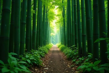 Obraz premium Narrow path disappearing into dense bamboo thicket , shade, wild