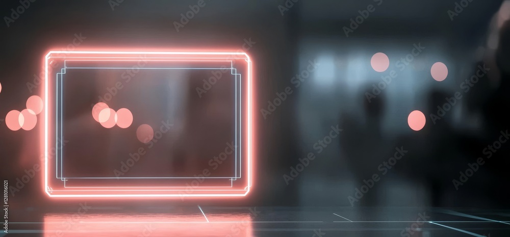Poster in a cyber 3d rendering, a dark night stage features a concrete tunnel corridor with a futuristic sc