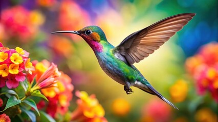 Colorful Hummingbird in Flight over Vibrant Flowers