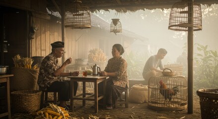 Elderly Couple and Young Man Drinking Tea in Rural Asian Village Morning Mist