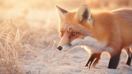 Obraz premium Elegant fox explores sunlit snowy landscape, showcasing vibrant