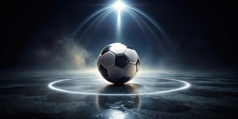Fototapeta premium A soccer ball sits on a dark black surface