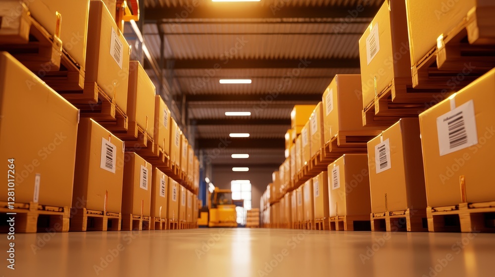 Poster a warehouse filled with neatly stacked cardboard boxes, illuminated by warm overhead lights, creatin