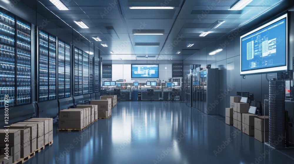Poster a modern data center featuring rows of servers, digital displays, and storage boxes, showcasing adva