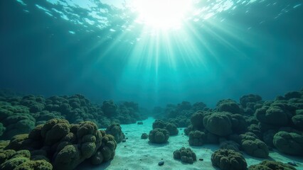 Naklejka premium Underwater coral reef affected by bleaching with sunlight filtering through 