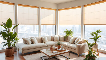 Fototapeta premium Bright modern living room with cozy furniture, large windows, natural sunlight, indoor plants, and minimalist luxury home interior decor.