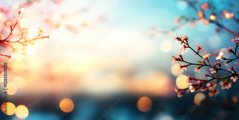 Poster blossoming cherry trees display delicate pink flowers against a soft, colorful background during spr