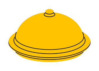 Hand drawn cute illustration of metal cloche and plate. Flat vector tray with cover doodle. Service or maintain icon. New message. Surprise or secret concept. Delivery service sticker. Isolated.