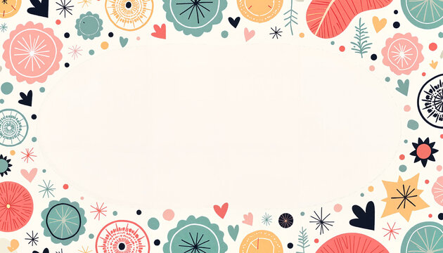 Whimsical floral and geometric pattern surrounding a blank space for creative projects.