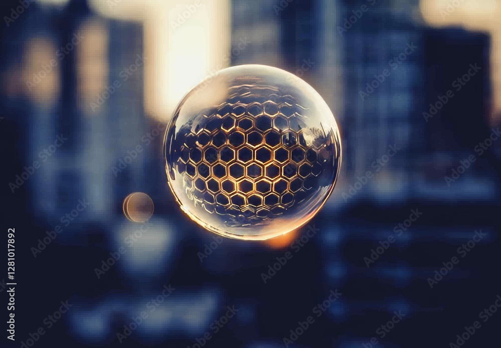 Poster macro photograph taken at close range of a soap bubble displaying a vibrant rainbow of colors that b