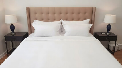 Fototapeta premium Luxury hotel bedroom with a large, comfortable bed and soft pillows, symbolizing relaxation, elegance, and premium accommodation.