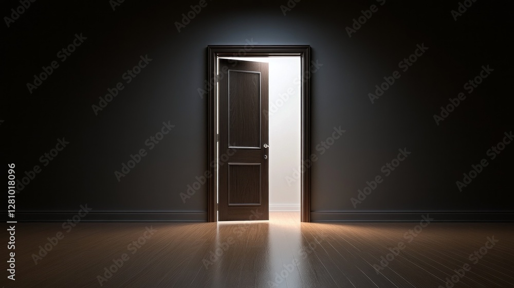 Aufkleber Light pours through an open door in a darkened room, creating a striking contrast. The inviting glow beckons exploration while shadows loom, adding intrigue to the atmosphere