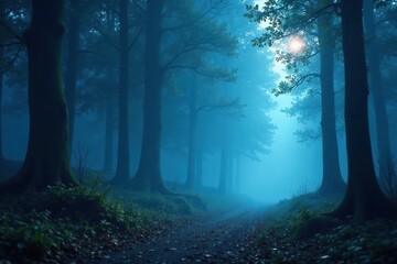 Glowing blue mist wraps around a mystical forest, nature, mystic, darkness