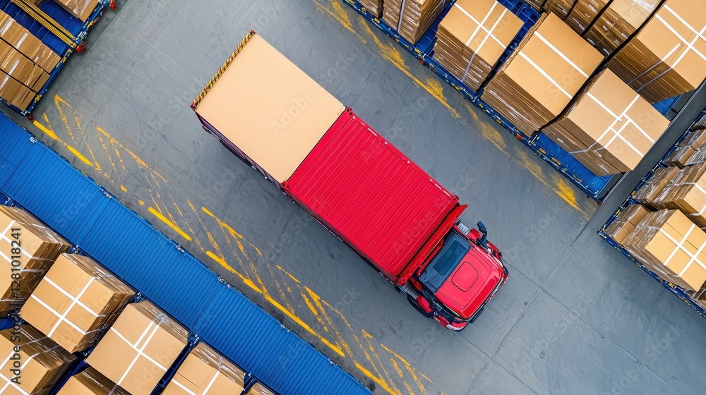 Poster aerial view of a red truck navigating through a warehouse filled with stacked boxes, showcasing logi