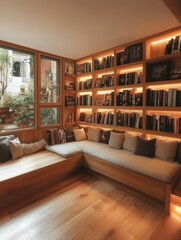 A cozy library features a comfortable corner bench
