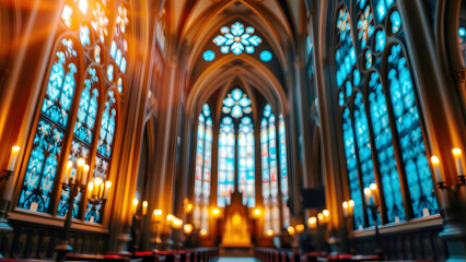 Fototapeta premium Majestic gothic cathedral interior with glowing stained glass windows, dramatic architecture, and a warm, spiritual ambiance.