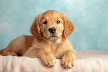 Obraz premium Playful golden retriever puppy resting on soft surface, bright b
