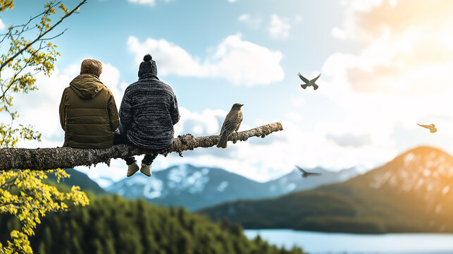 Two individuals enjoy a tranquil moment on a tree branch, gazing at majestic mountains and a shimmering lake as birds fly around, capturing the essence of companionship and nature
