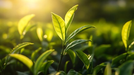 Sunlit green tea leaves in a lush garden at sunrise