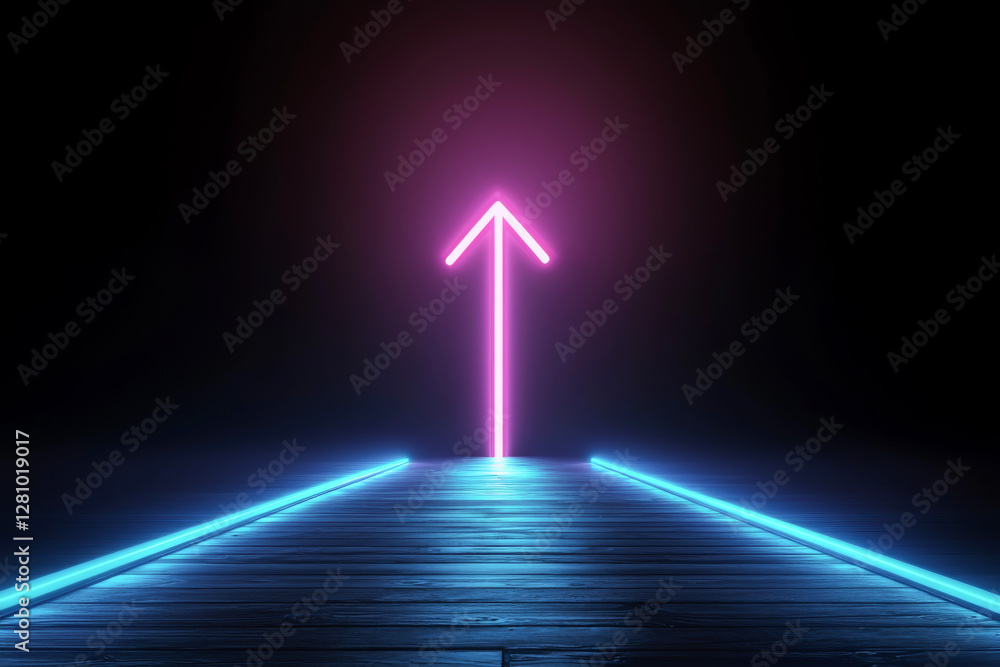 Poster a vibrant neon arrow pointing upward, adding a modern twist to any visual concept.