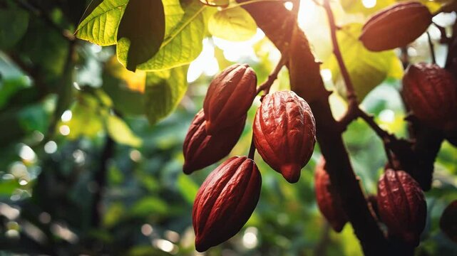 Close-up of ripe cacao pods hanging from a tree in a lush tropical plantation, illuminated by warm sunlight filtering through green leaves. A vibrant and organic scene of cocoa cultivation