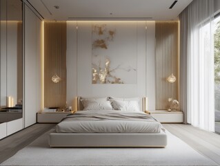 A modern bedroom displays a luxurious white and gold design
