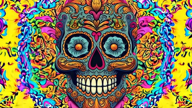 Vibrant and colorful sugar skull illustration inspired by the Mexican D&iacute;a de los Muertos. The intricate floral patterns and artistic details create a festive and cultural celebration of life and