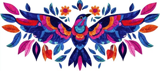 A watercolor texture digital illustration of an abstract floral pattern with birds and a red and blue folklore motif is set against a white background in this horizontal botanical design and modern