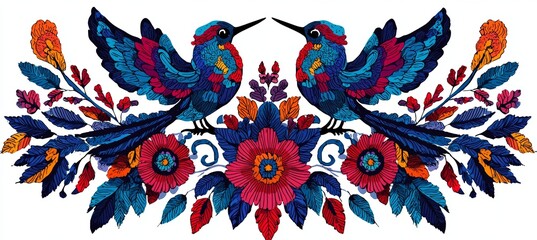 Obraz premium Modern fashion print featuring a horizontal botanical design with a digital illustration of an abstract floral pattern, birds, and a red and blue folklore motif on a white background with a