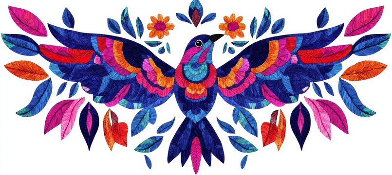 A watercolor texture digital illustration of an abstract floral pattern with birds and a red and blue folklore motif is set against a white background in this horizontal botanical design and modern