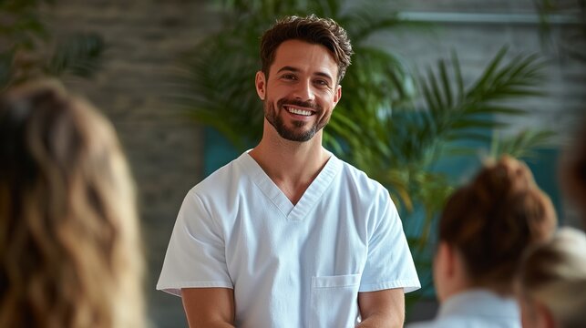 Male Instructor Teaching Massage Technique To Group, Generative AI - Powered by Adobe