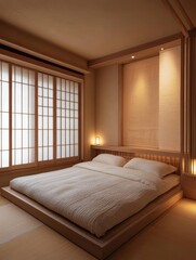 A minimalistic bedroom featuring a tatami mat and shoji screen
